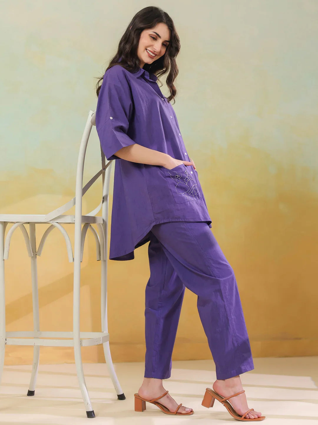Purple Color Shirt Collar Pure Cotton Co-ords Set for Women - SanskrutiHomes