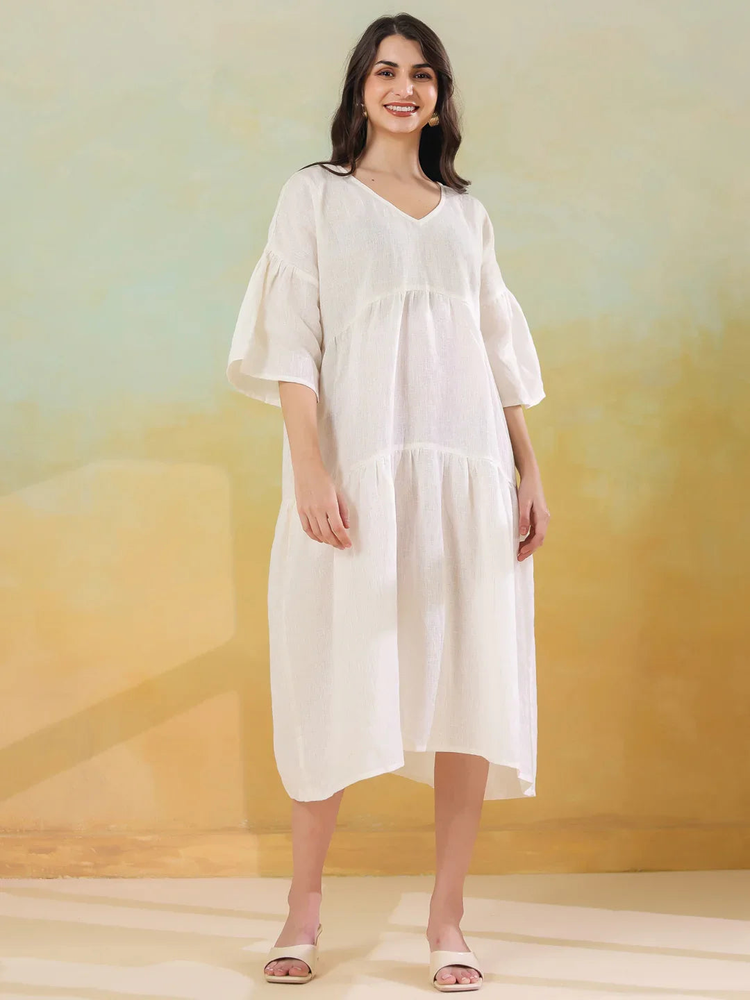 White Solid Cotton Linen Blend Dress for Women - SanskrutiHomes