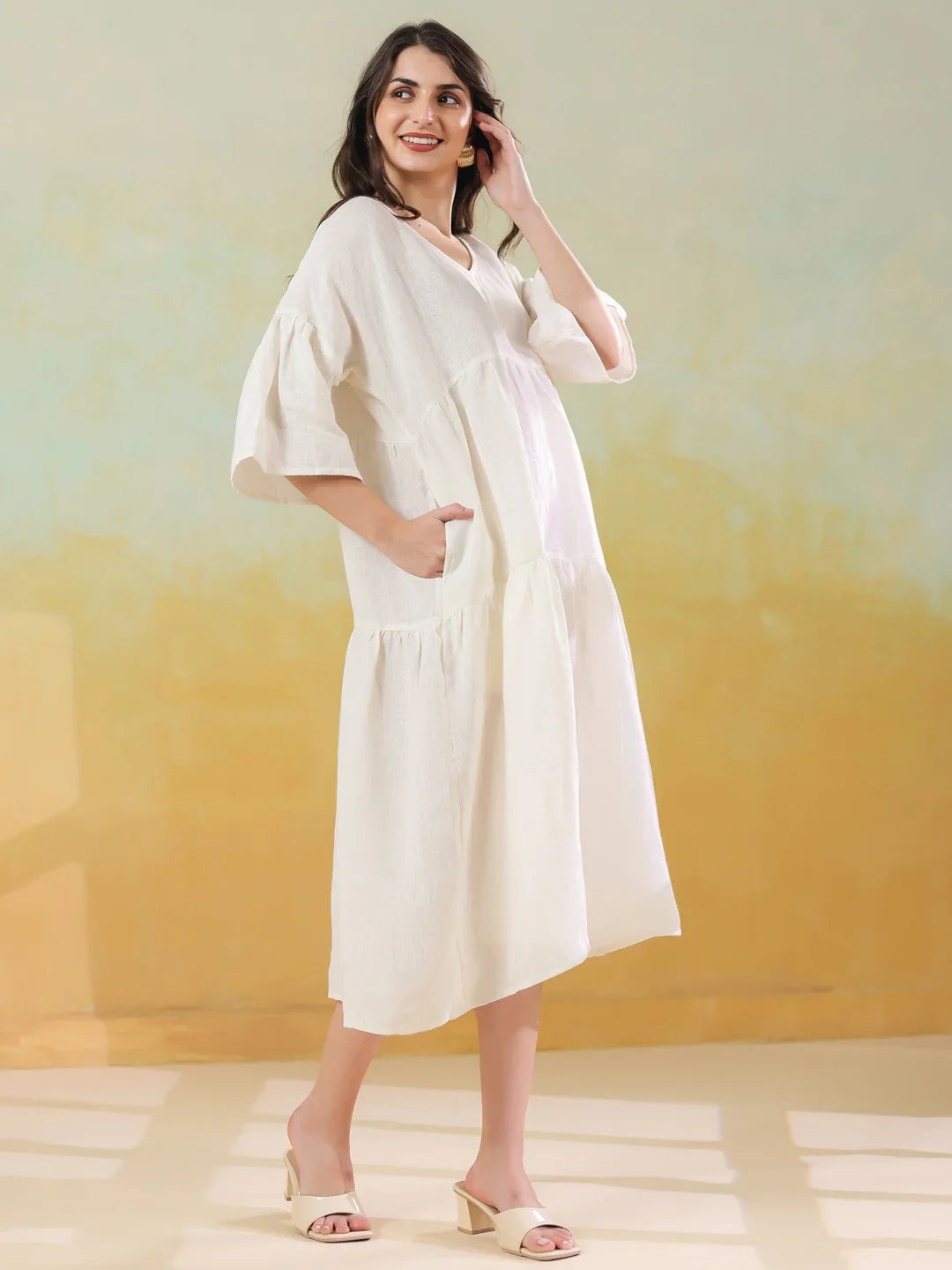White Solid Cotton Linen Blend Dress for Women - SanskrutiHomes
