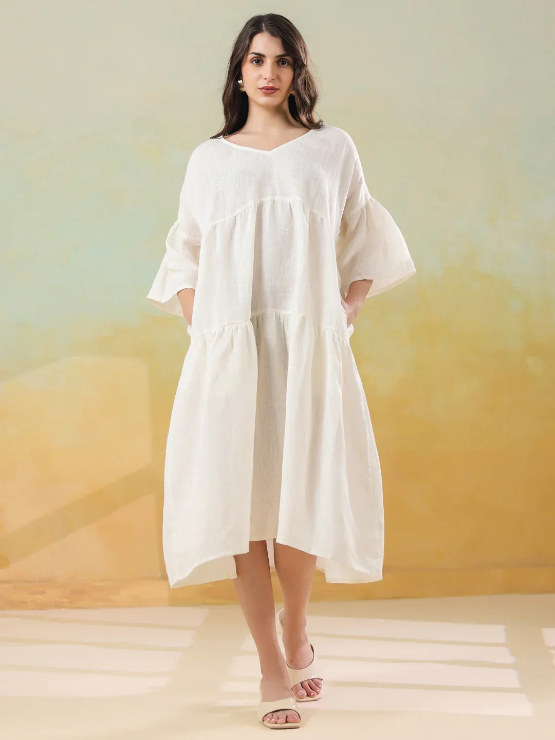 White Solid Cotton Linen Blend Dress for Women - SanskrutiHomes
