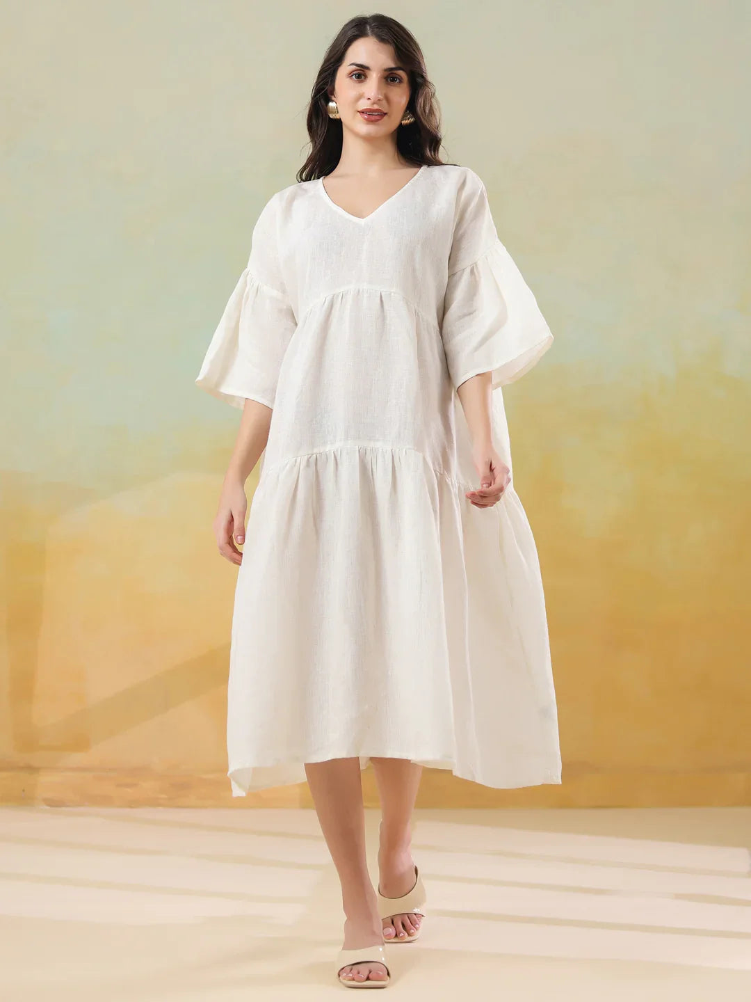 White Solid Cotton Linen Blend Dress for Women - SanskrutiHomes