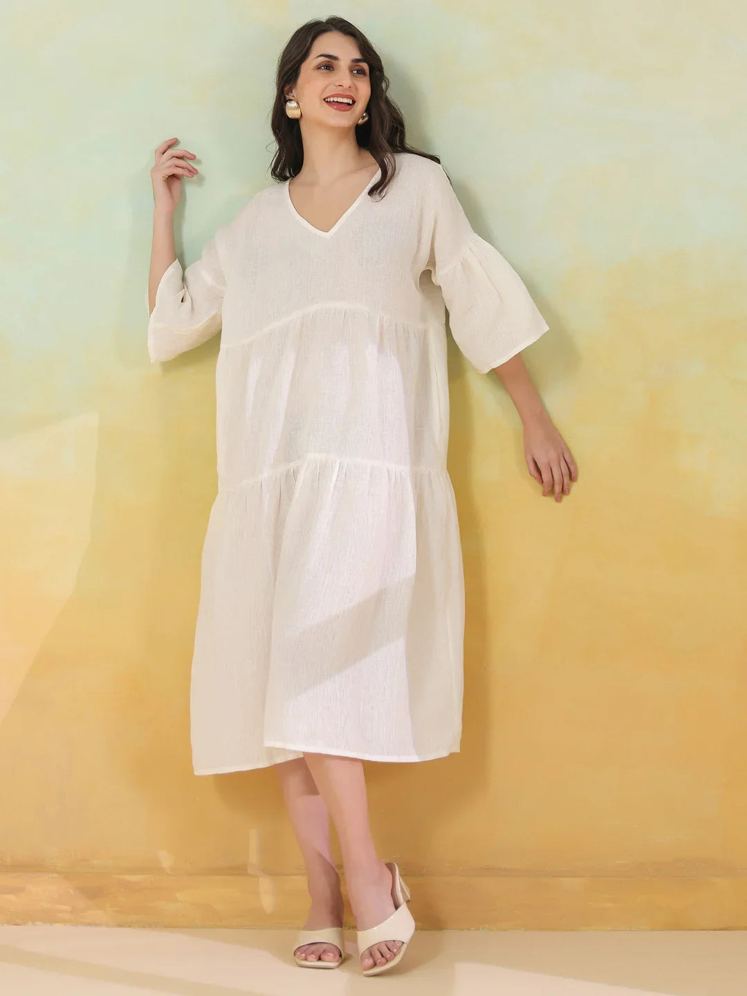White Solid Cotton Linen Blend Dress for Women - SanskrutiHomes