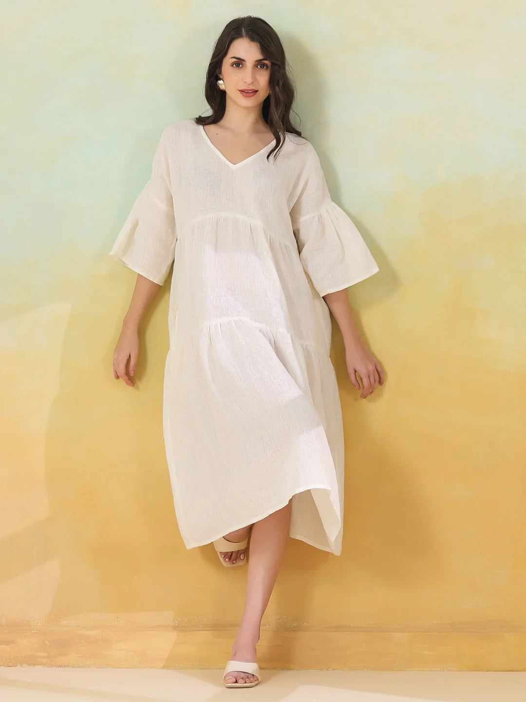 White Solid Cotton Linen Blend Dress for Women - SanskrutiHomes