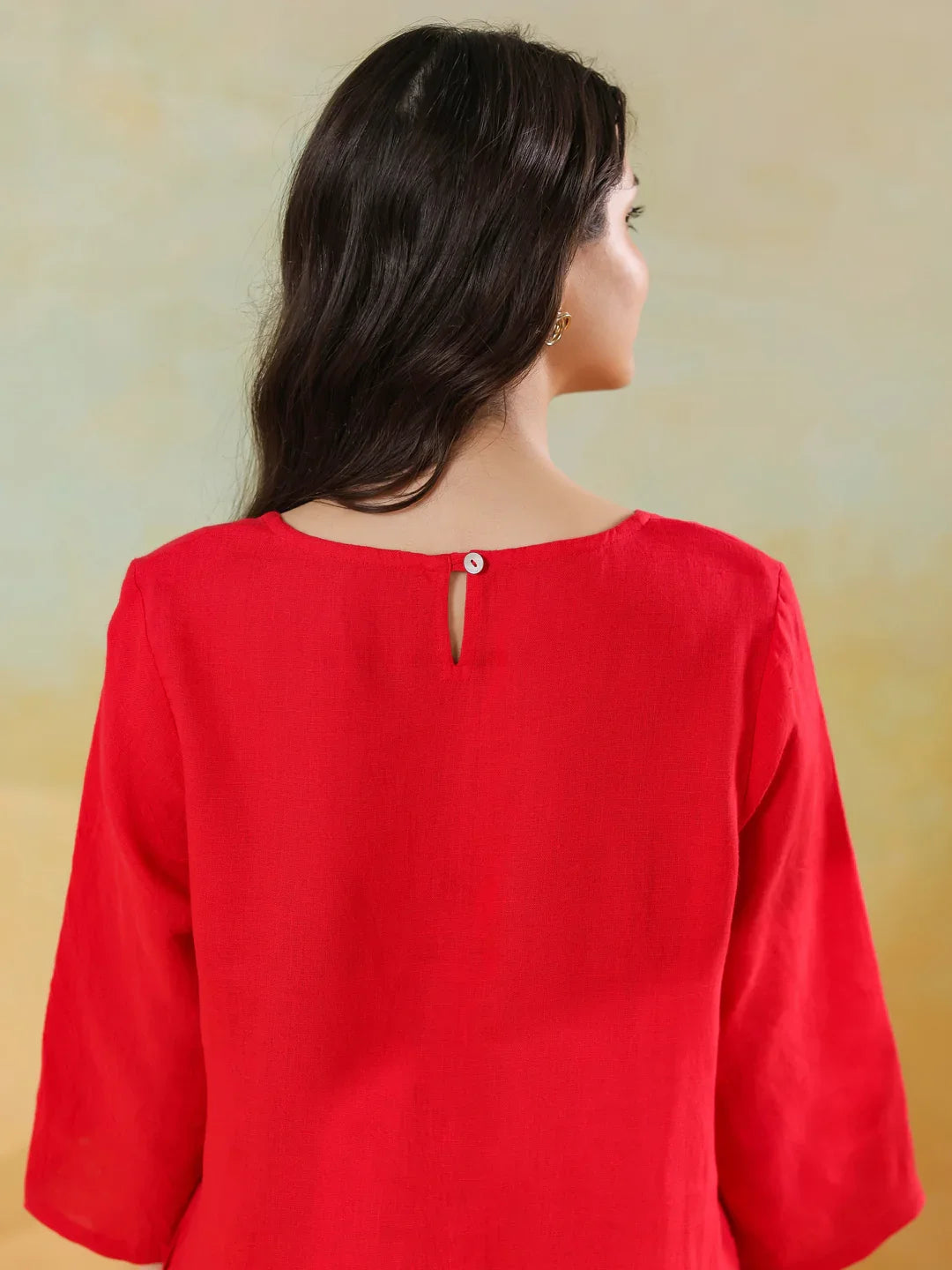 Red Linen Blend Round Neck Dress For Women