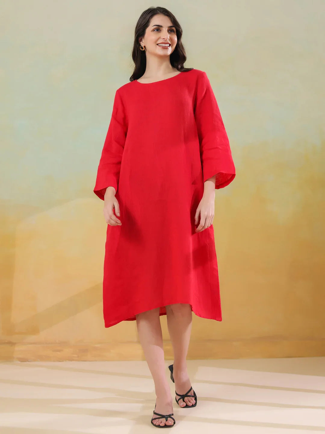 Red Linen Blend Round Neck Dress For Women