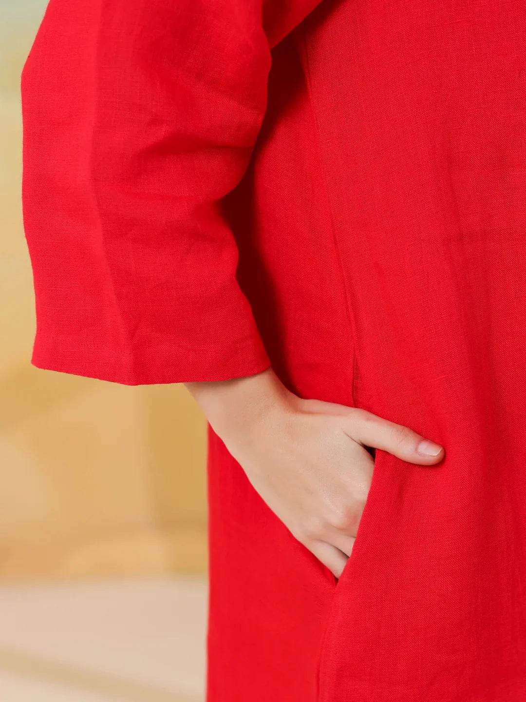 Red Linen Blend Round Neck Dress For Women