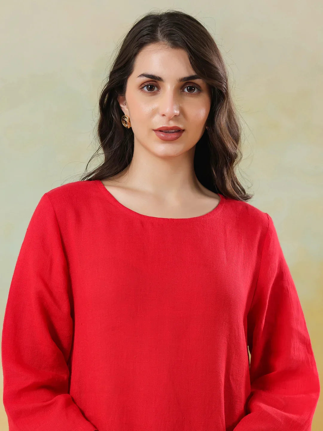 Red Linen Blend Round Neck Dress For Women
