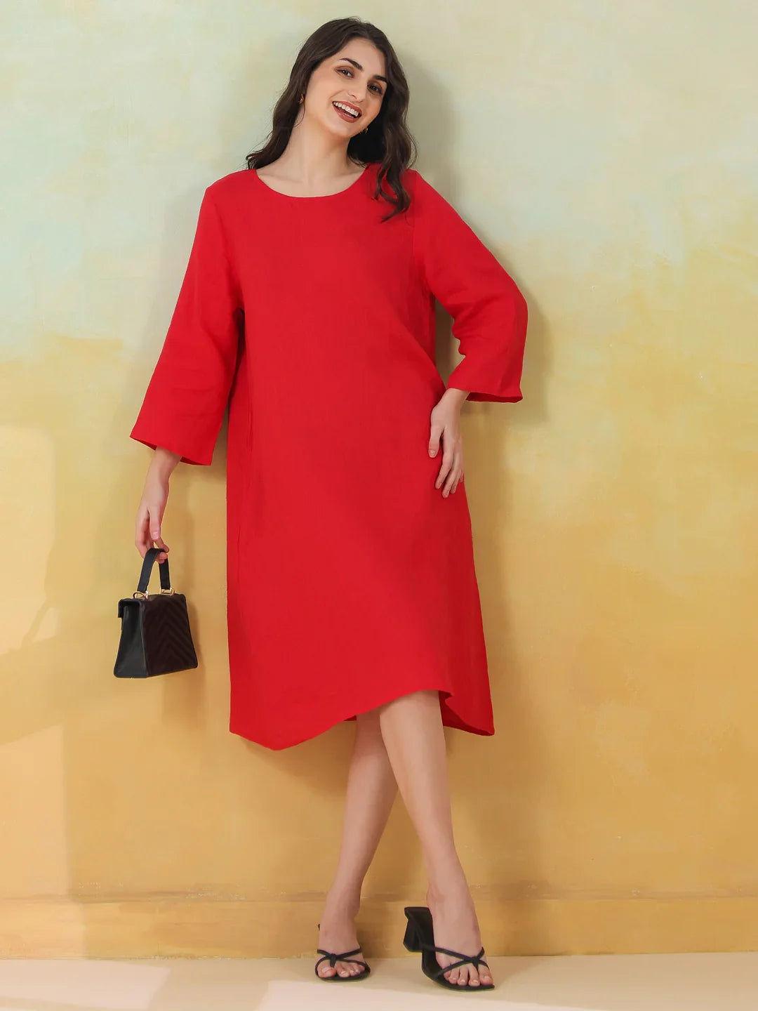 Red Linen Blend Round Neck Dress For Women
