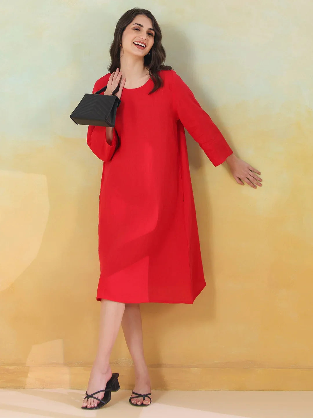 Red Linen Blend Round Neck Dress For Women