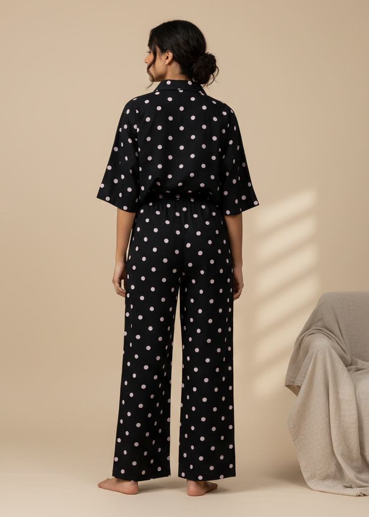 Black polka dot V-Neck Cotton Night Suit Set For Women