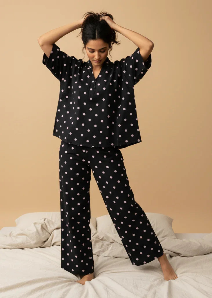 Black polka dot V-Neck Cotton Night Suit Set For Women - SanskrutiHomes