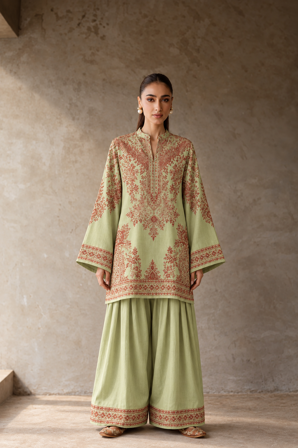 Sage Green Paisley Print Tunic & Farshi Salwar Co-Ord Set For Women