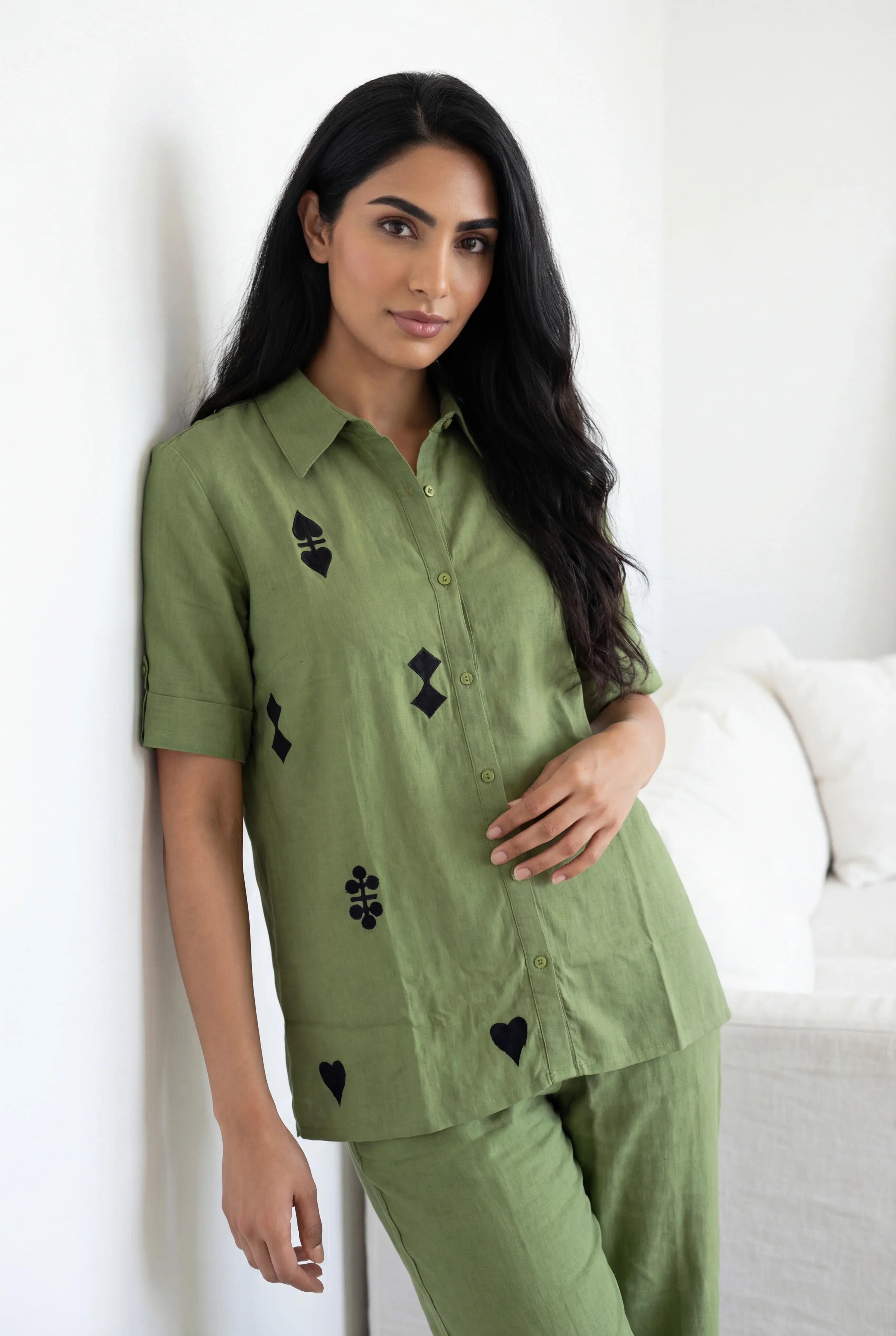 Green Color Shirt Collar Cotton Co-ords Set for Women - SanskrutiHomes