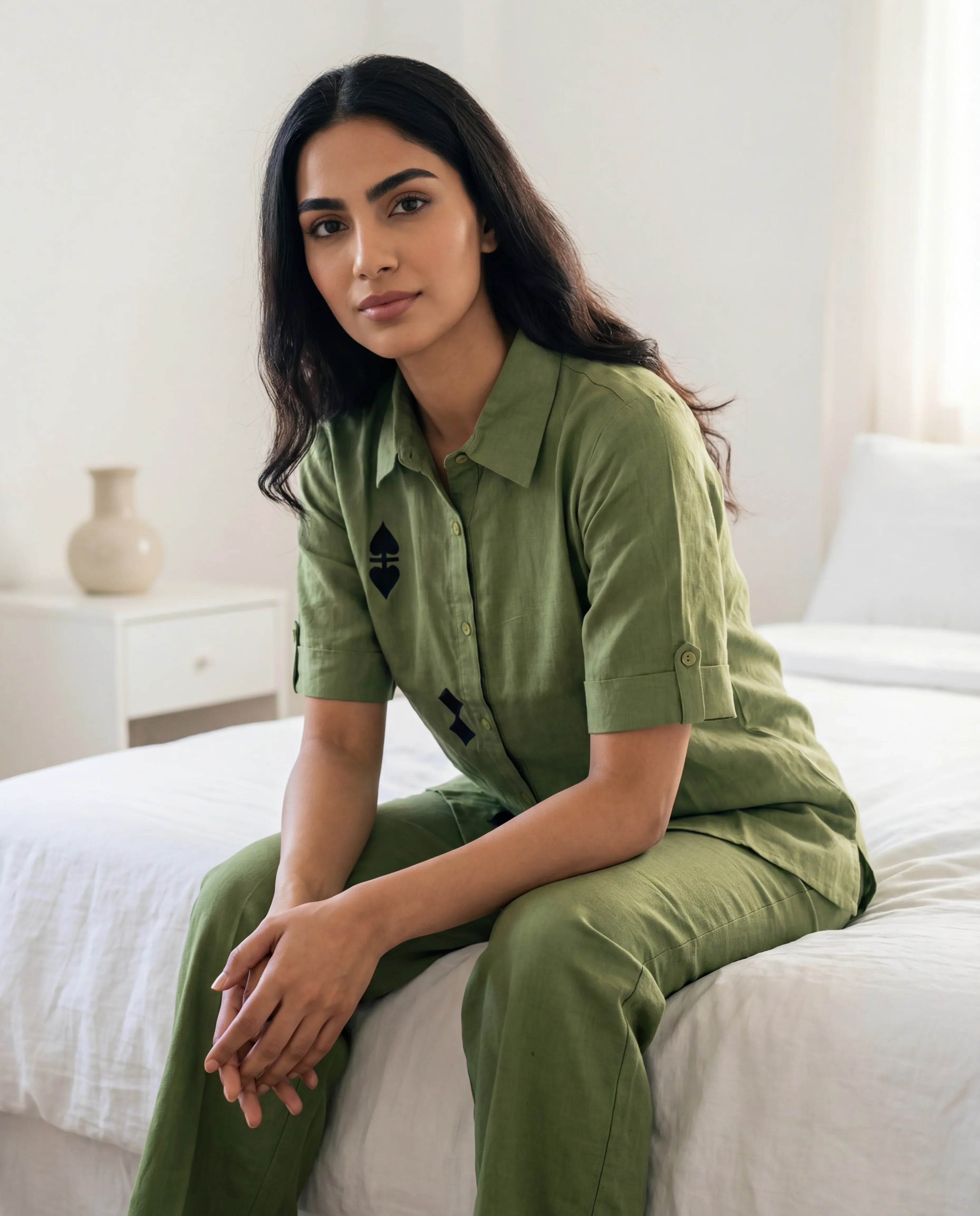 Green Color Shirt Collar Cotton Co-ords Set for Women - SanskrutiHomes