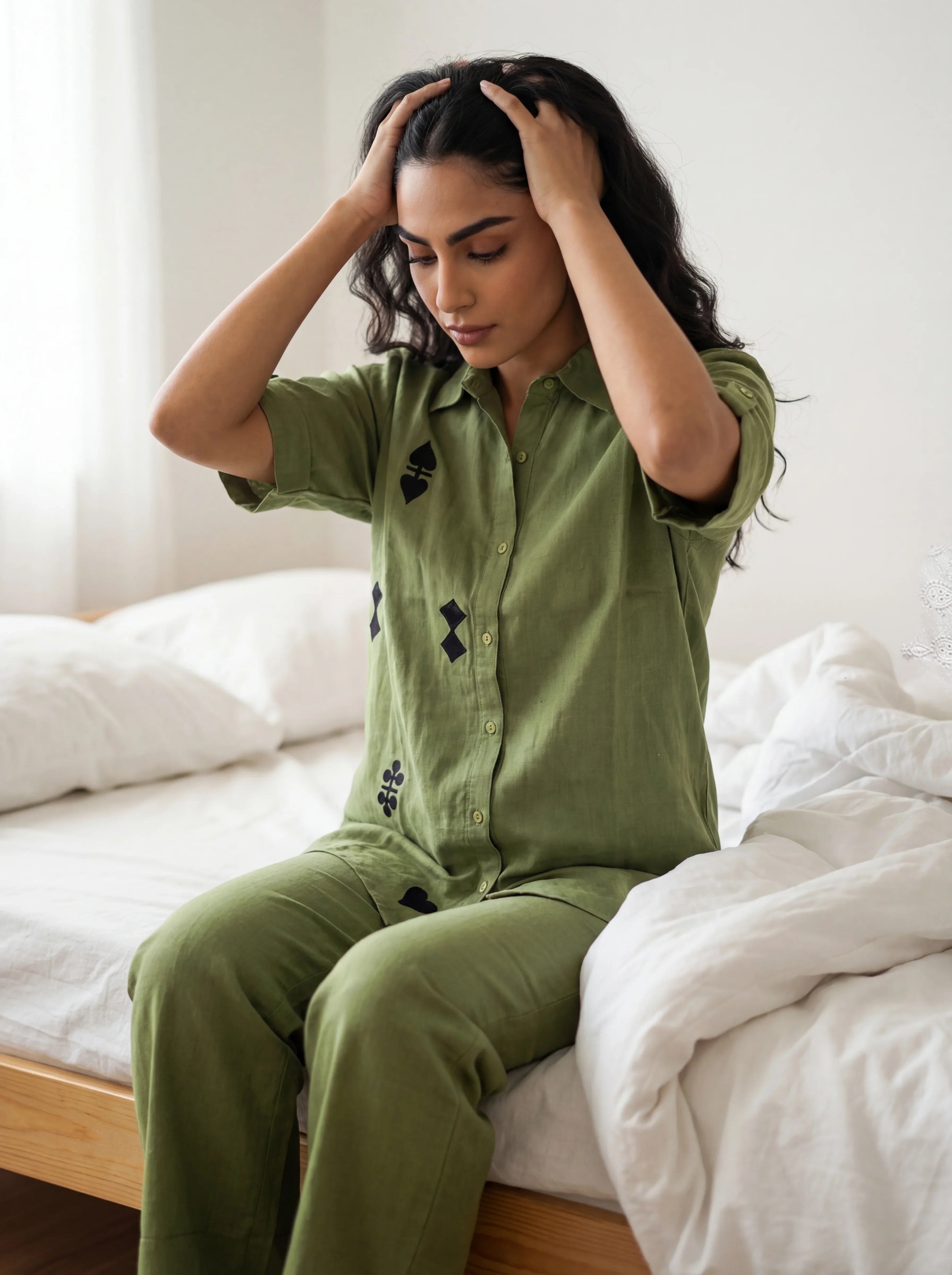 Green Color Shirt Collar Cotton Co-ords Set for Women - SanskrutiHomes