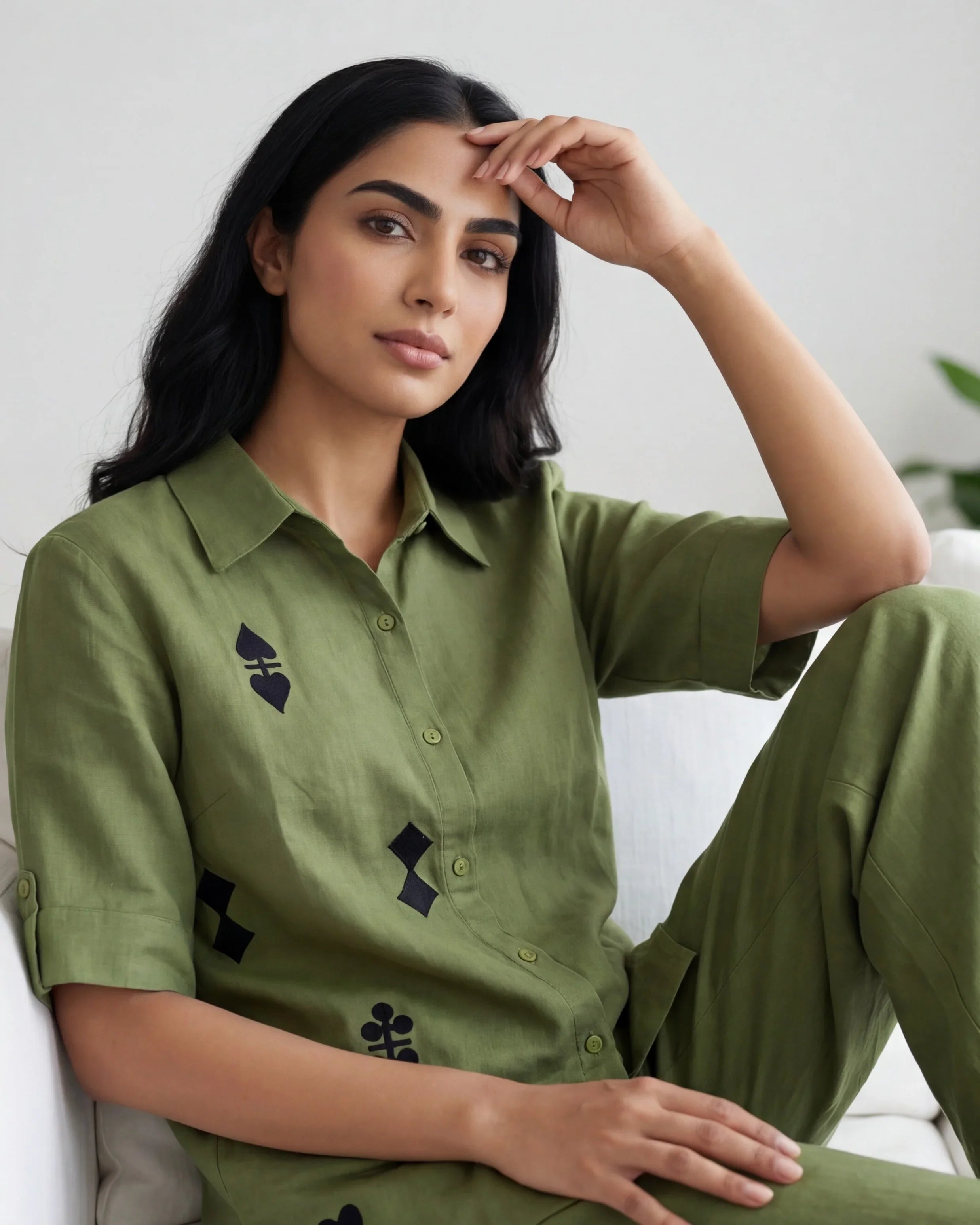 Green Color Shirt Collar Cotton Co-ords Set for Women - SanskrutiHomes