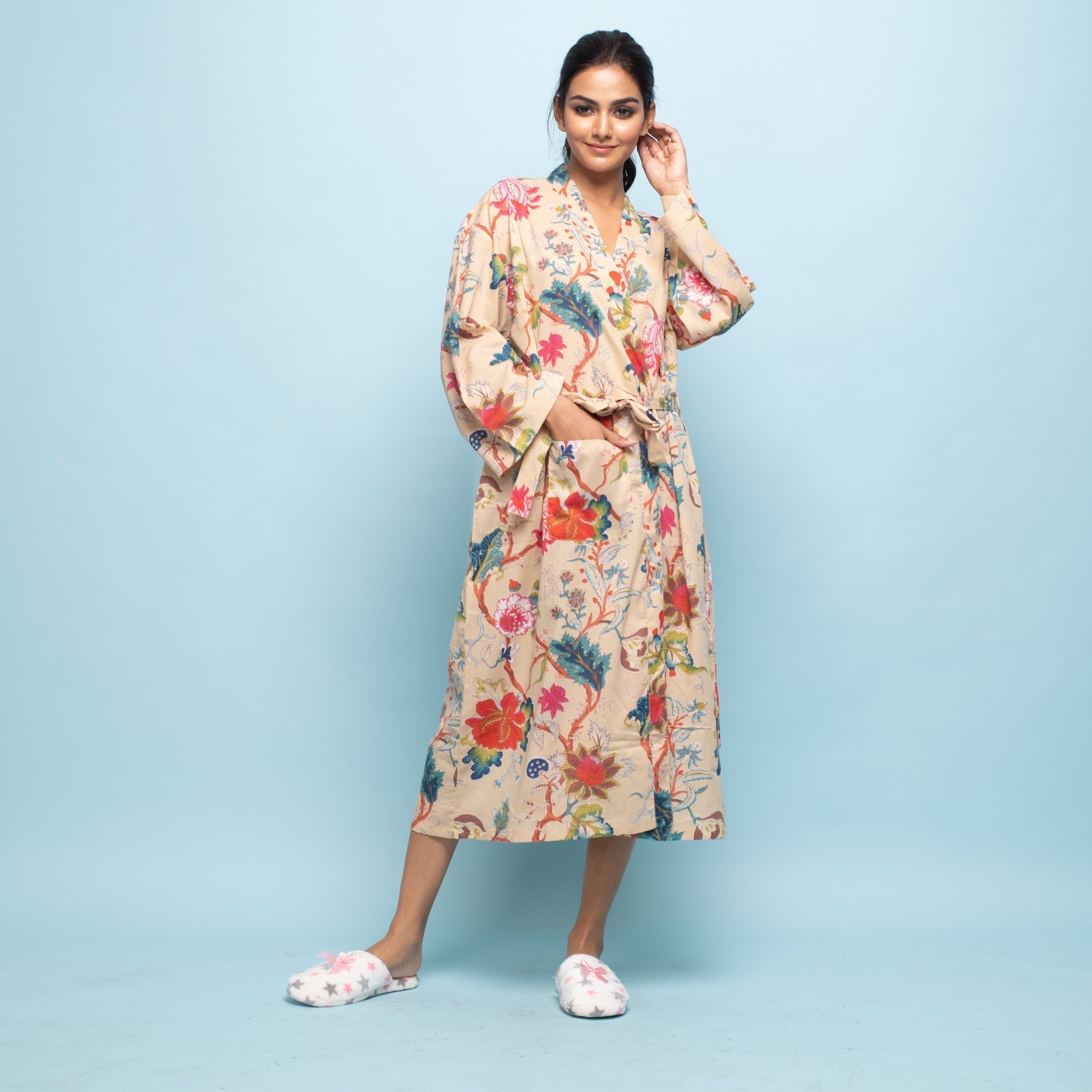 Beige Cotton Hand Printed Kimono Robe