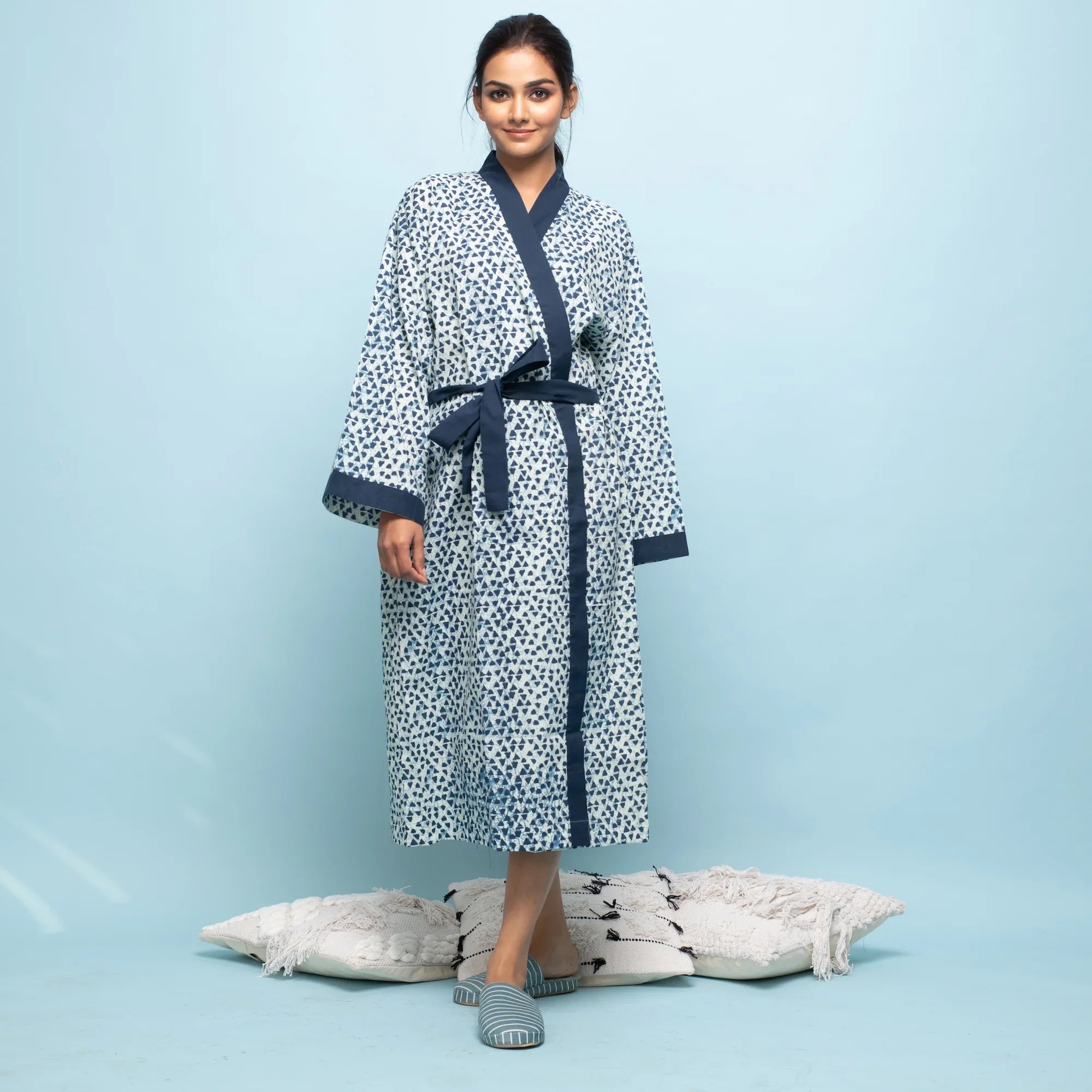 Triangle print indigo Cotton Hand printed kimono robe - SanskrutiHomes