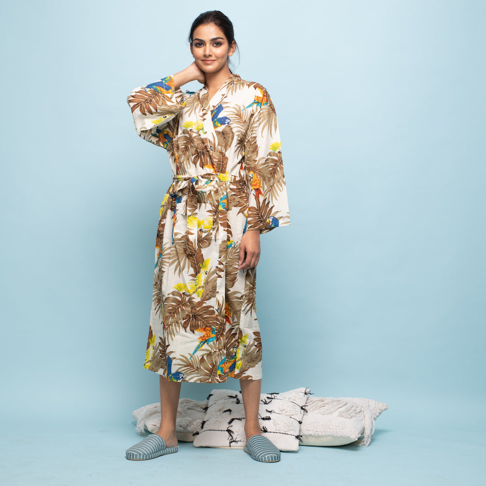 Multicolor Mustard Cotton Hand Printed Kimono Robe