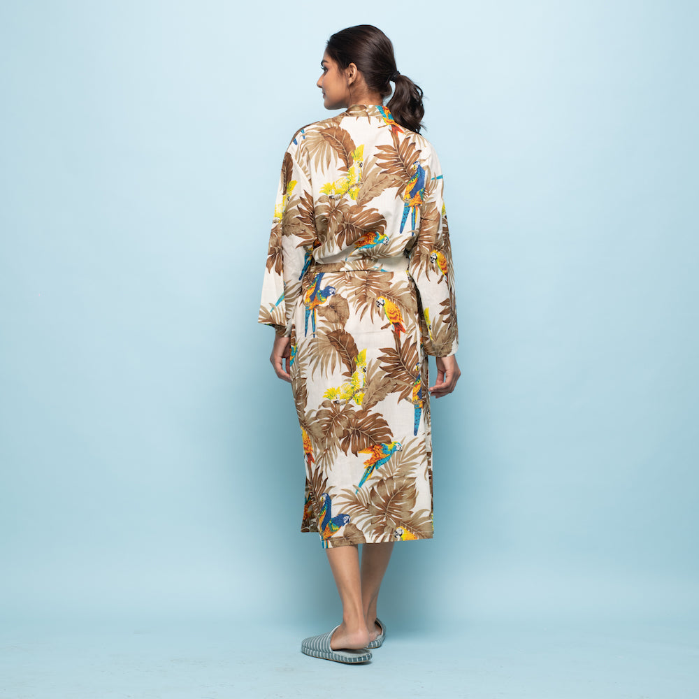 Multicolor Mustard Cotton Hand Printed Kimono Robe
