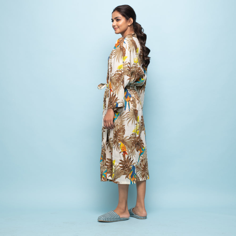 Multicolor Mustard Cotton Hand Printed Kimono Robe
