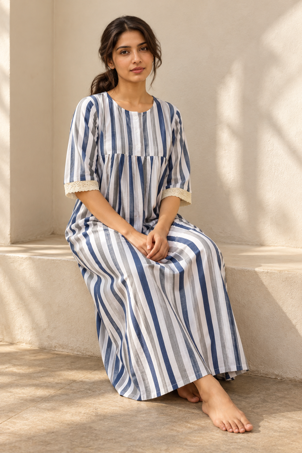 Blue Striped Pure Cotton Round Neck Maxi Nighty For Women