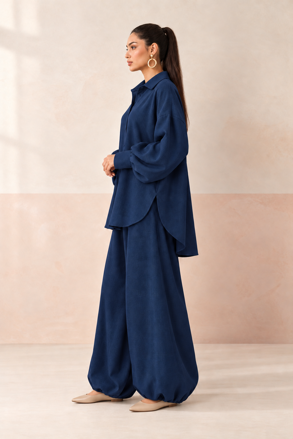 Navy Blue Shirt Collar Long Sleeve Balloon Style Co-Ord Set For Women