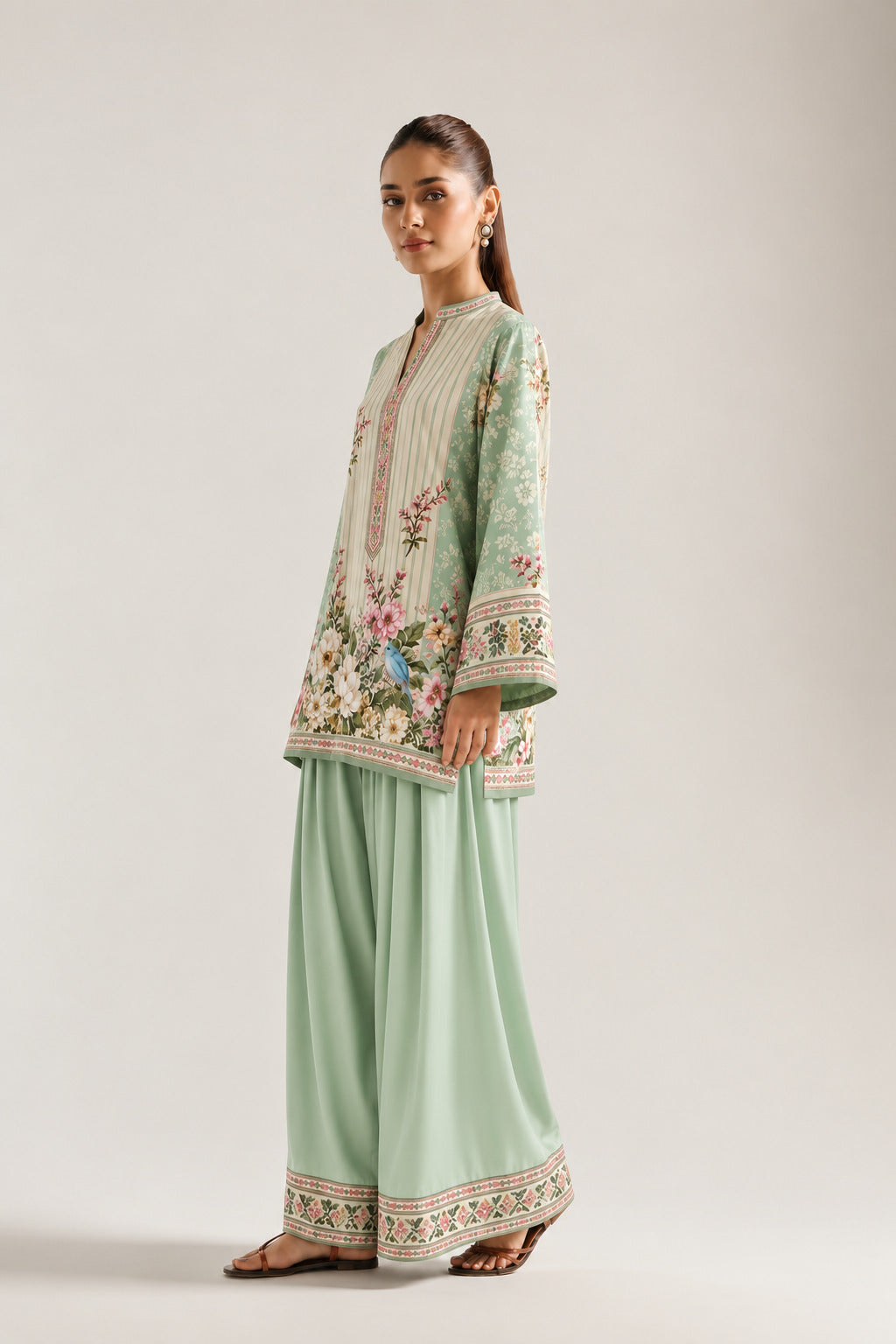 Mint Green Pastel Floral & Striped Tunic With Farshi Salwar Co-Ord Set