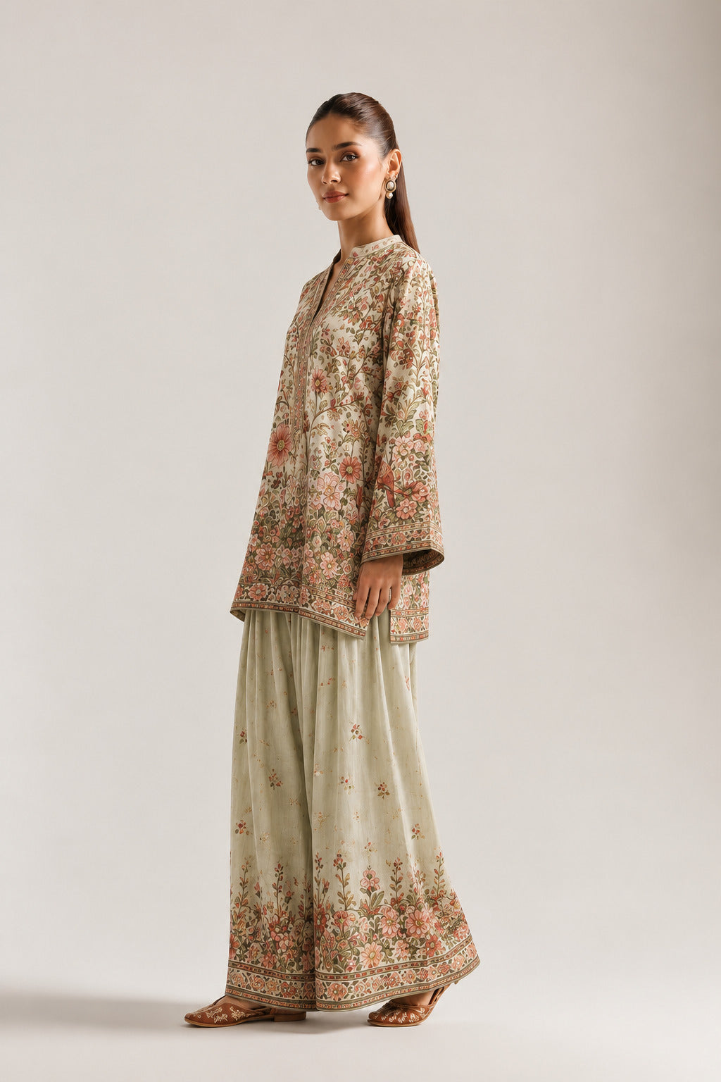 Green Floral & Bird Print Tunic & Farshi Salwar Co-Ord Set For Women