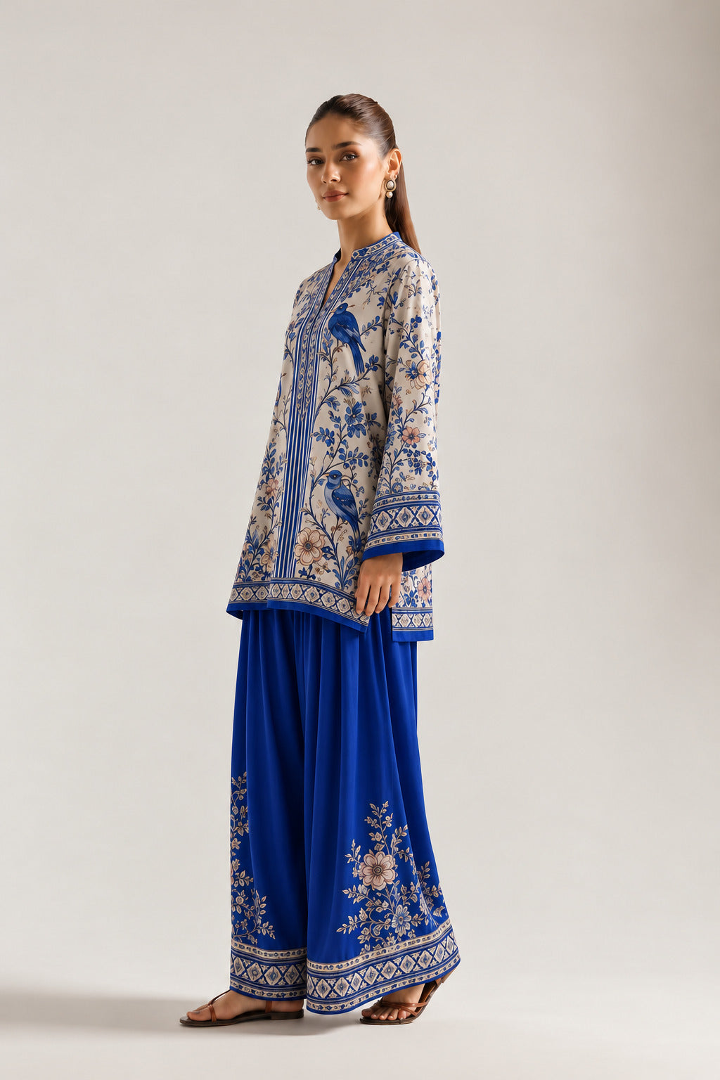 Blue Avian & Floral Print Tunic With Royal Blue Farshi Salwar Co-Ord Set