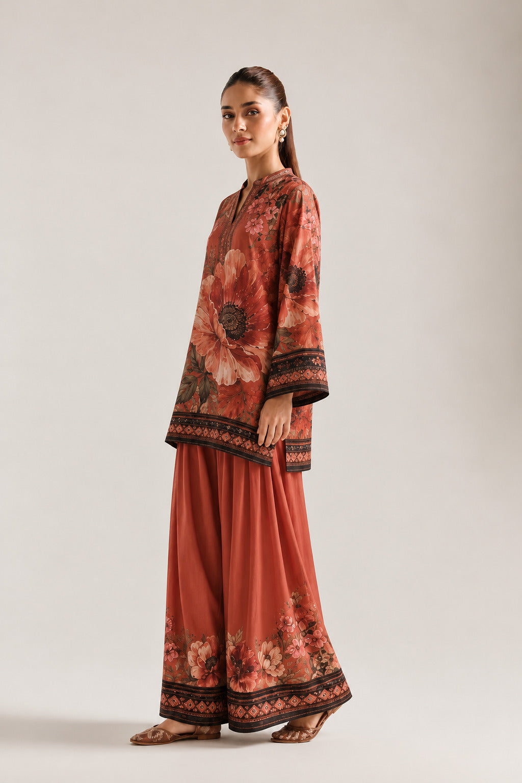 Red Statement Mandarin Neck Floral Tunic & Farshi Salwar Co-Ord Set