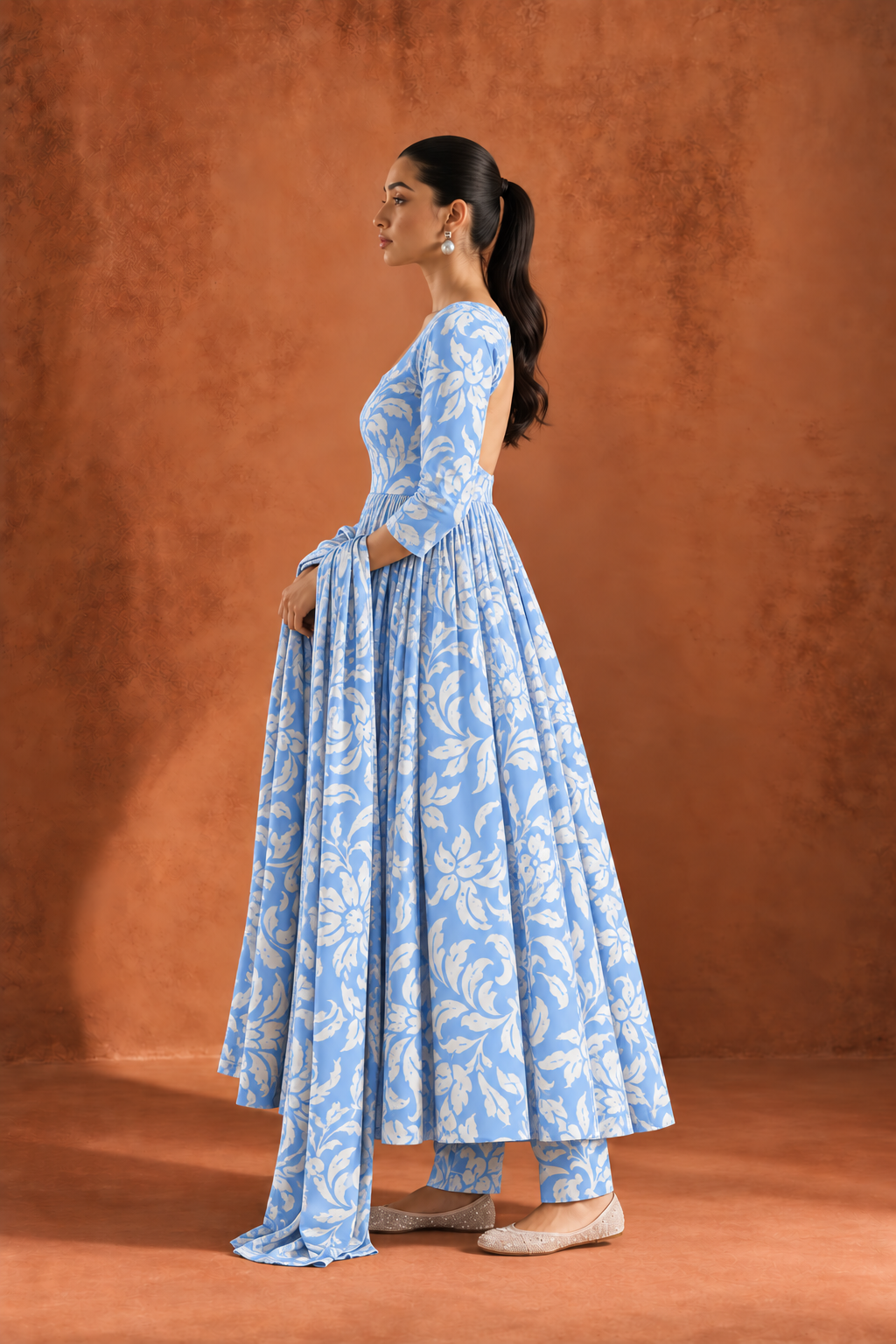 Blue & White Round Neck Floral Print Anarkali Kurta Set With Dupatta For Women