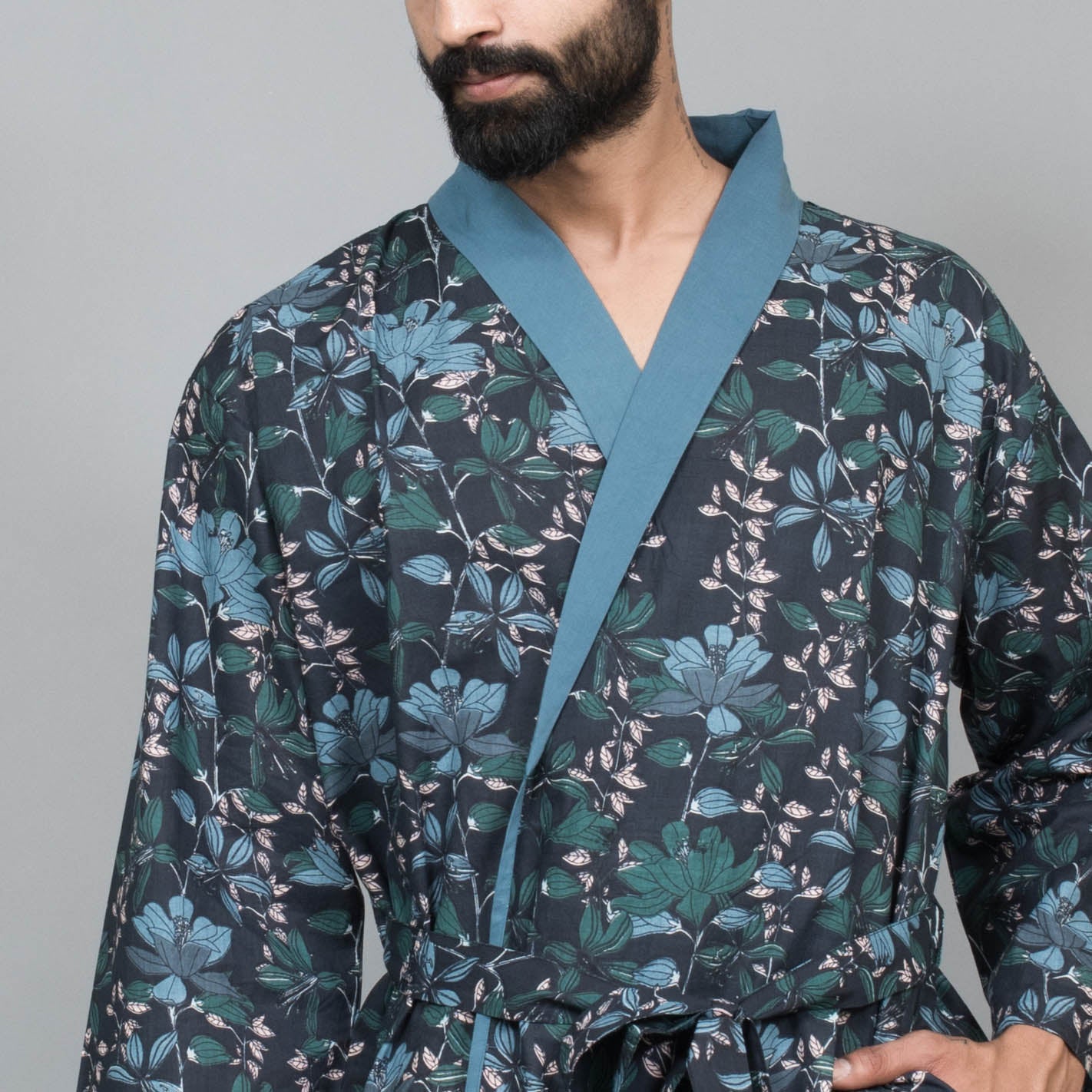 Navy Men Pure Cotton Kimono Robe