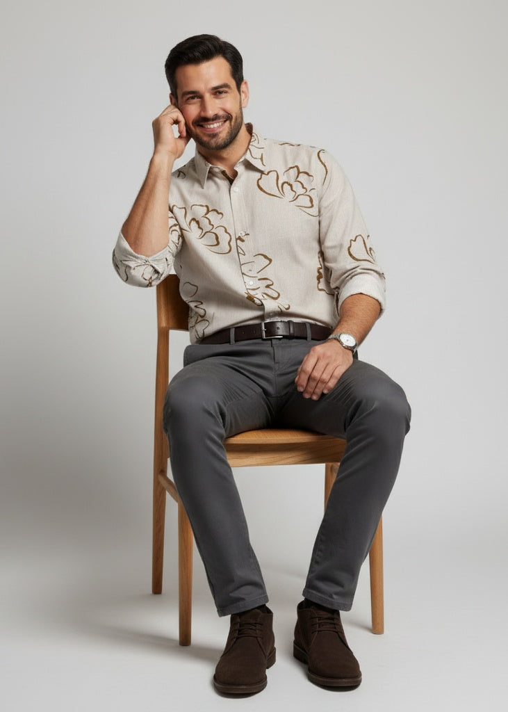 Beige Floral Print Cotton Spread Collar Casual Shirt For Men