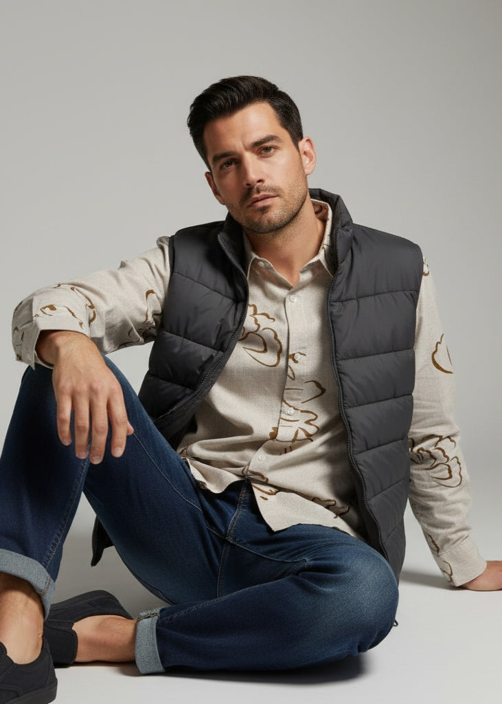 Beige Floral Print Cotton Spread Collar Casual Shirt For Men