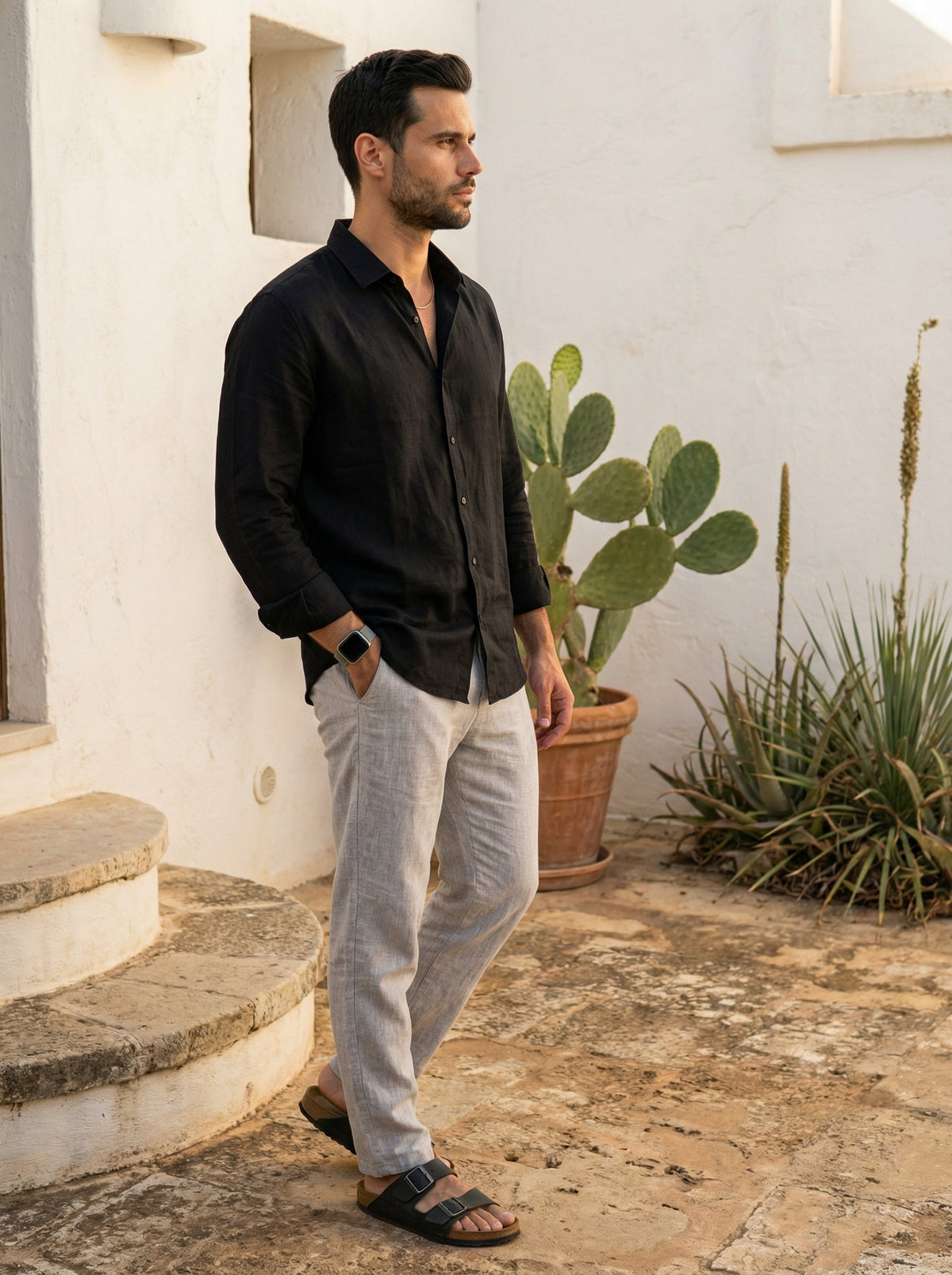 Black Band Collar Solid Print With Long Sleeves Cotton Shirt For Men