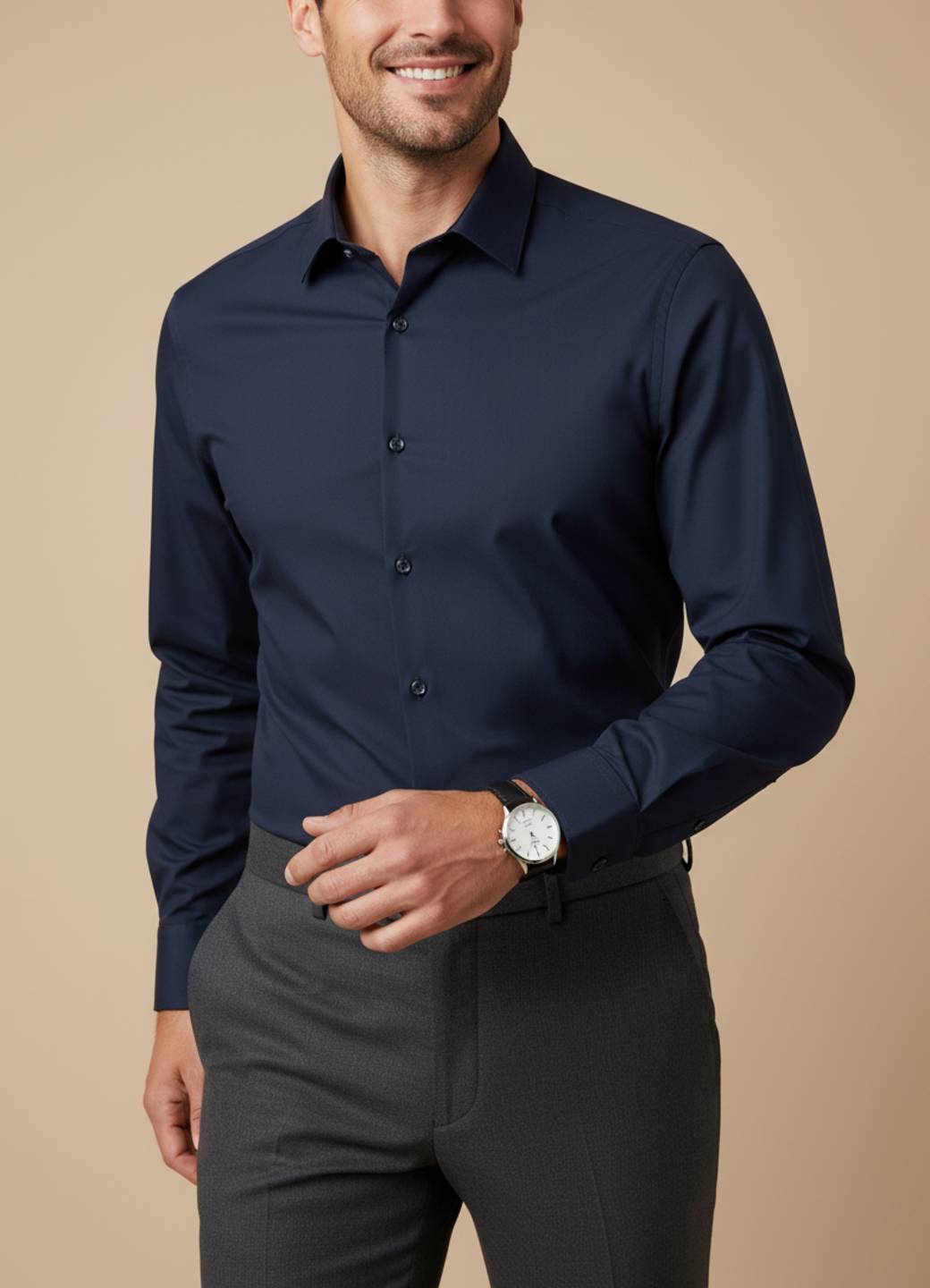 Navy Blue Solid Satin Band Collar Shirt For Men