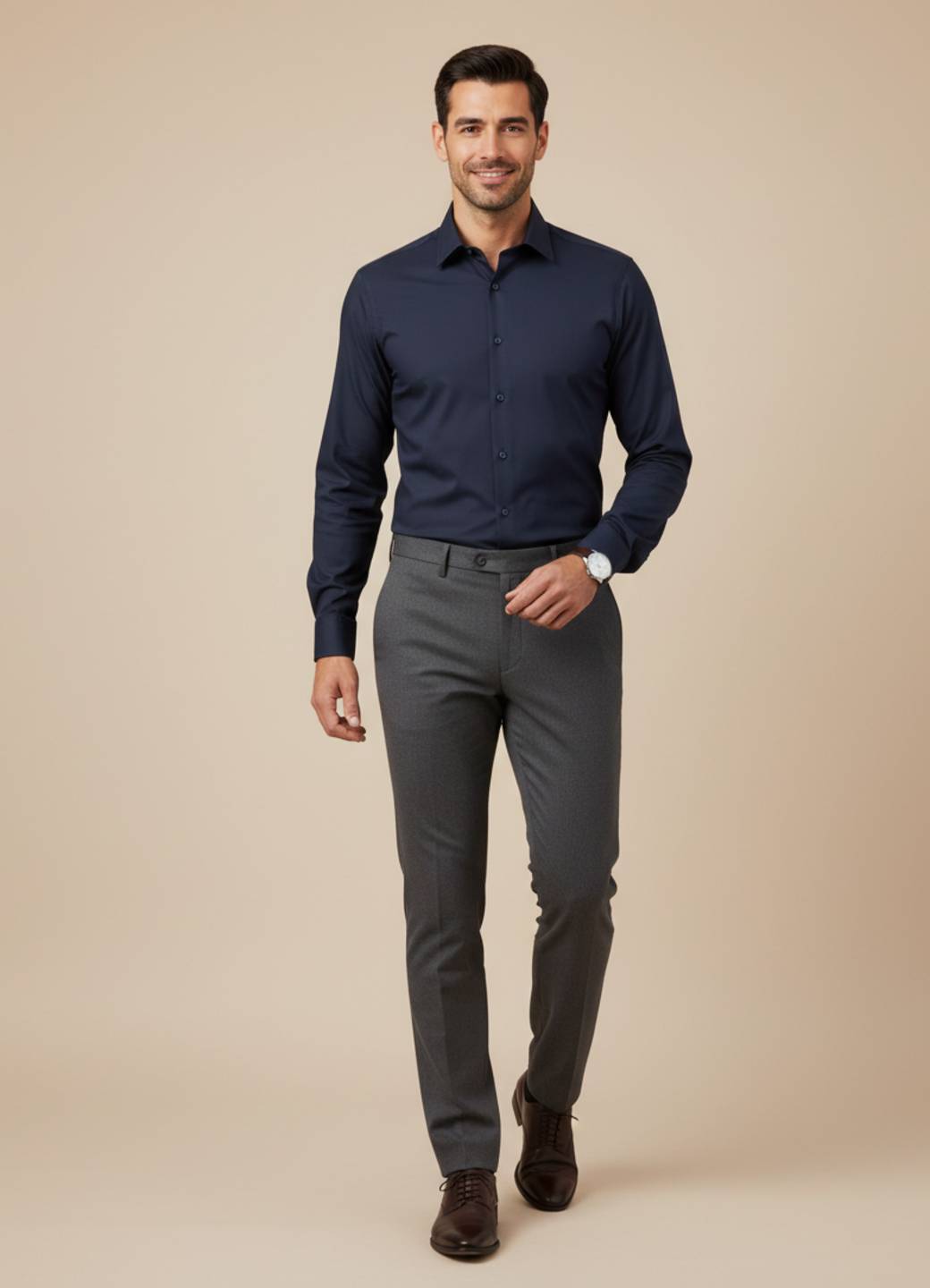 Navy Blue Solid Satin Band Collar Shirt For Men