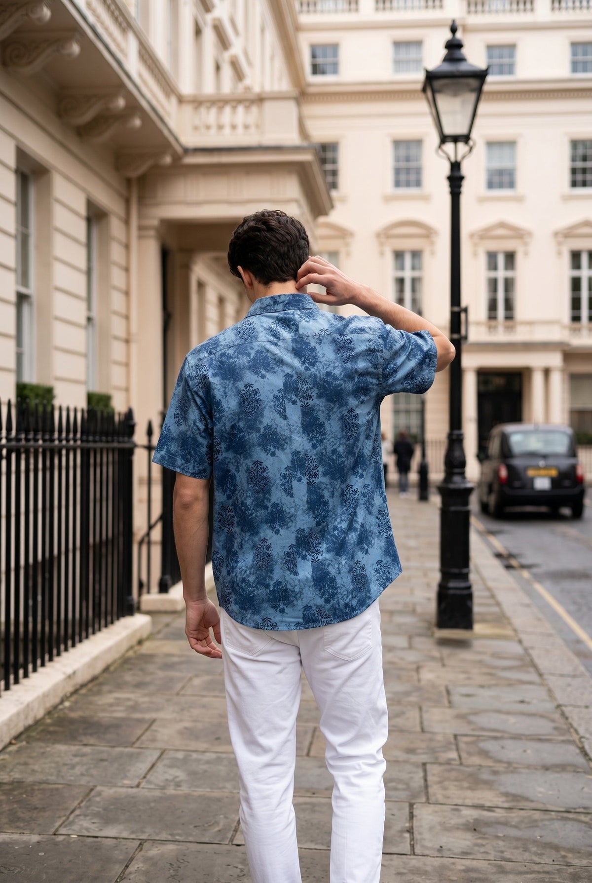 Blue Band Collar Ethnic Motifs Print Casual Cotton Shirt For Men