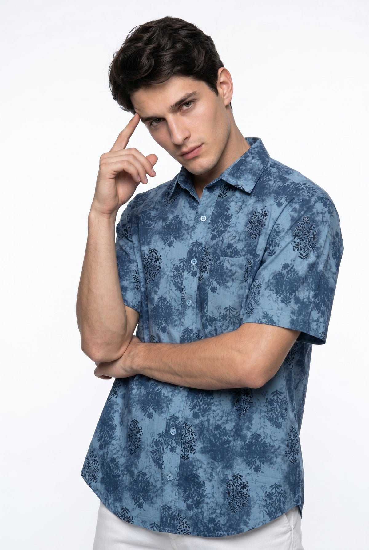 Blue Band Collar Ethnic Motifs Print Casual Cotton Shirt For Men