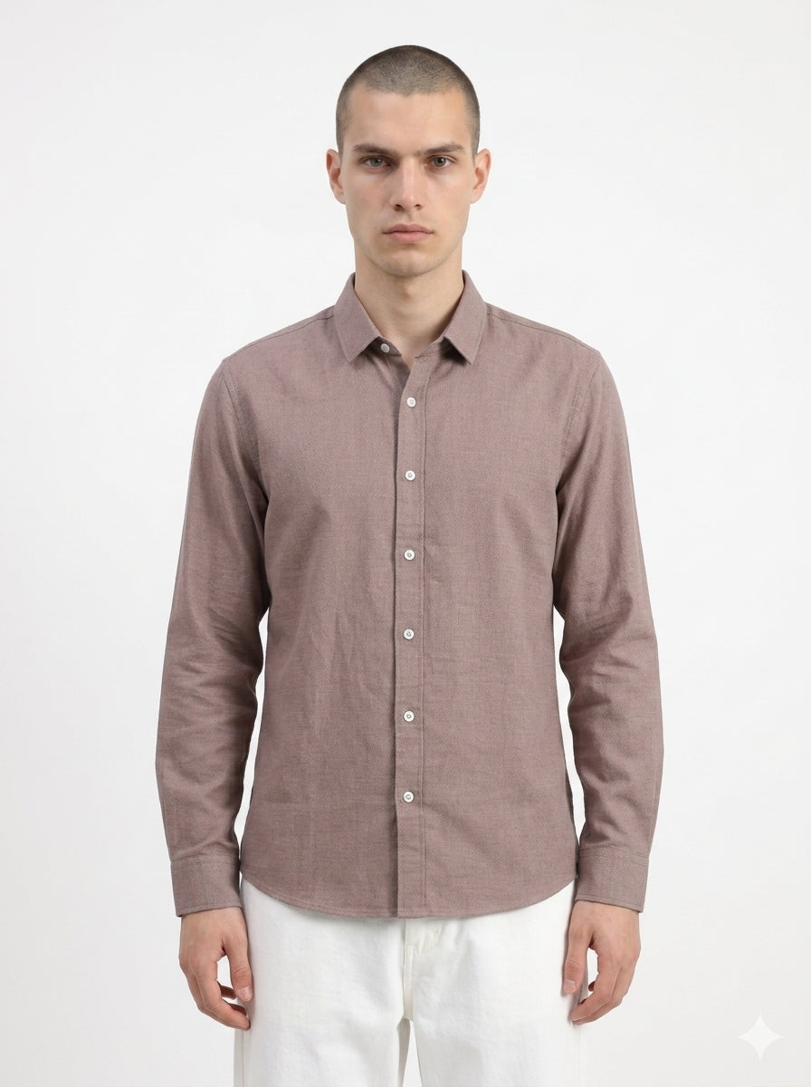 Mauve Spread Collar Solid Long Sleeves Cotton Shirt For Men