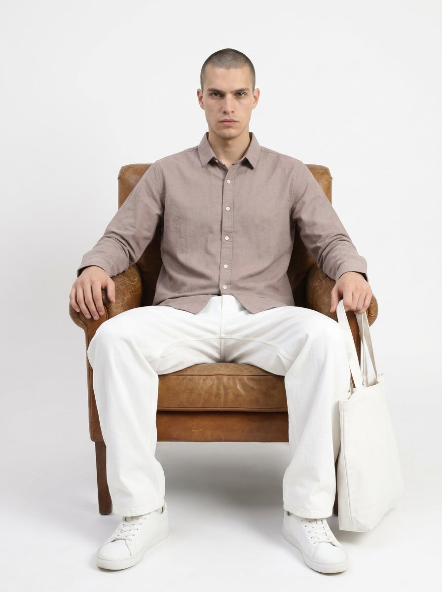 Mauve Spread Collar Solid Long Sleeves Cotton Shirt For Men