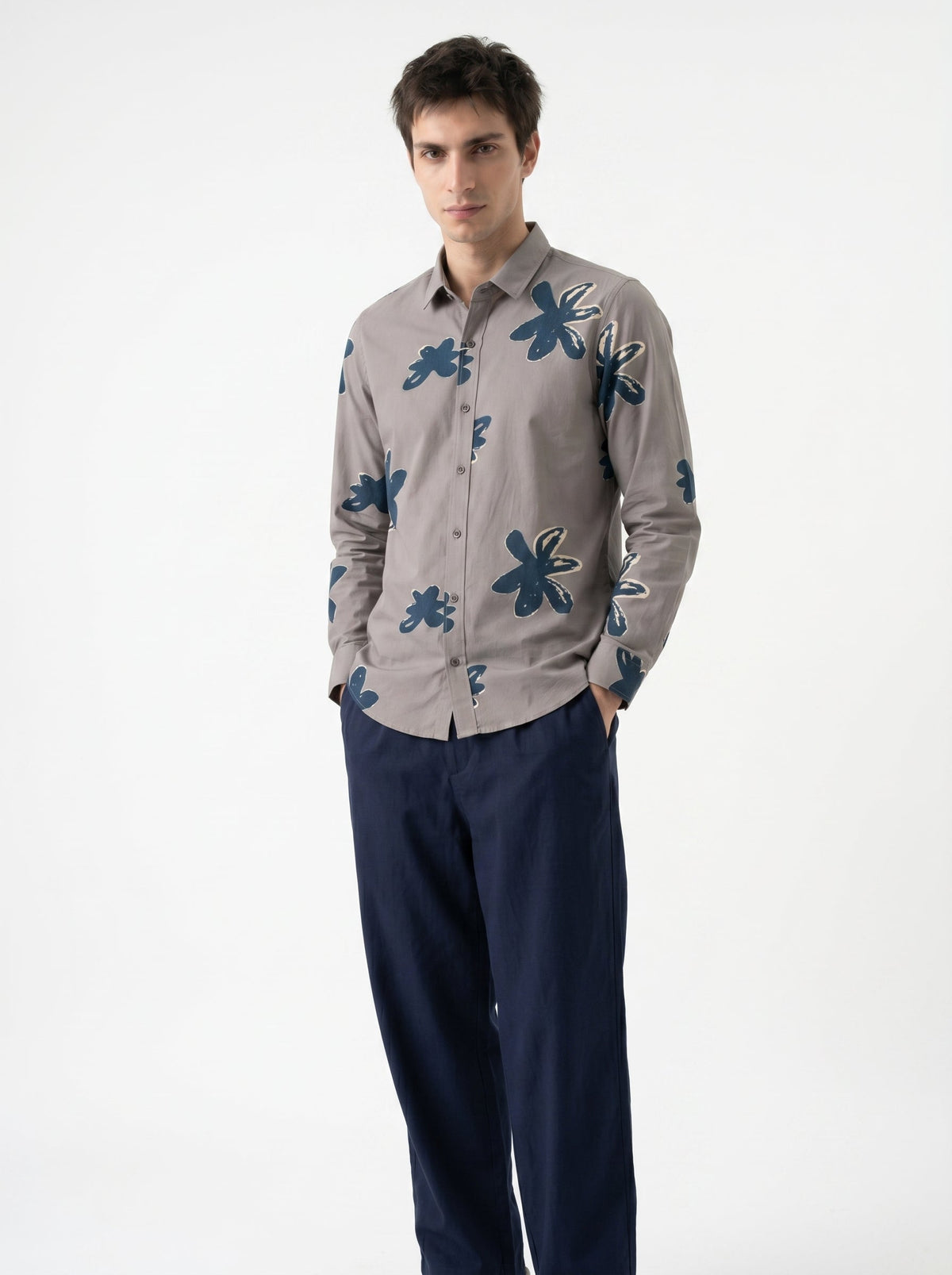 Grey Floral Print Spread Collar Cotton Shirt For Men