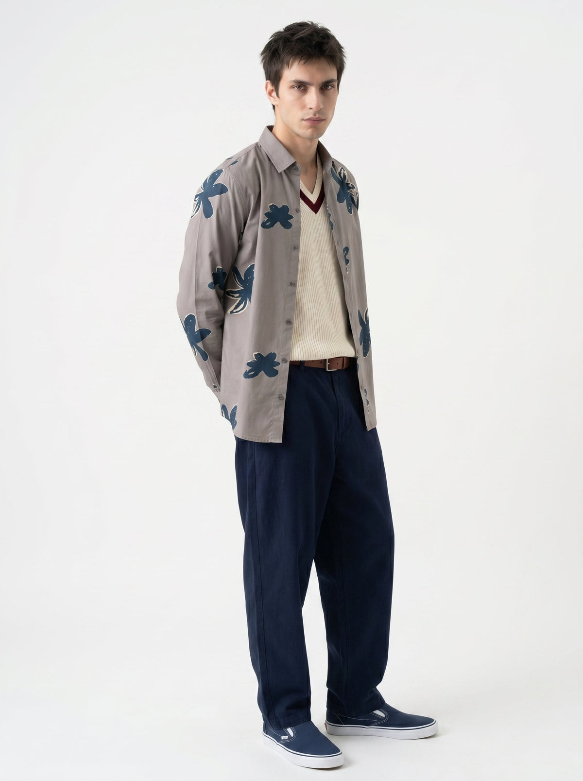 Grey Floral Print Spread Collar Cotton Shirt For Men