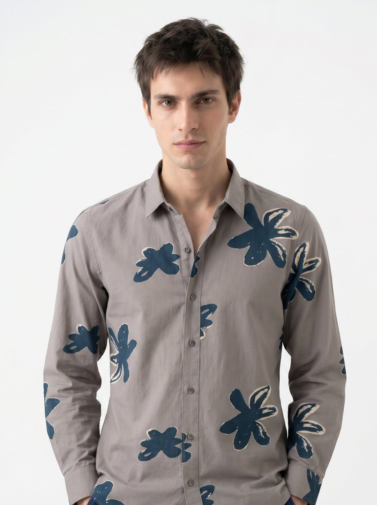 Grey Floral Print Spread Collar Cotton Shirt For Men