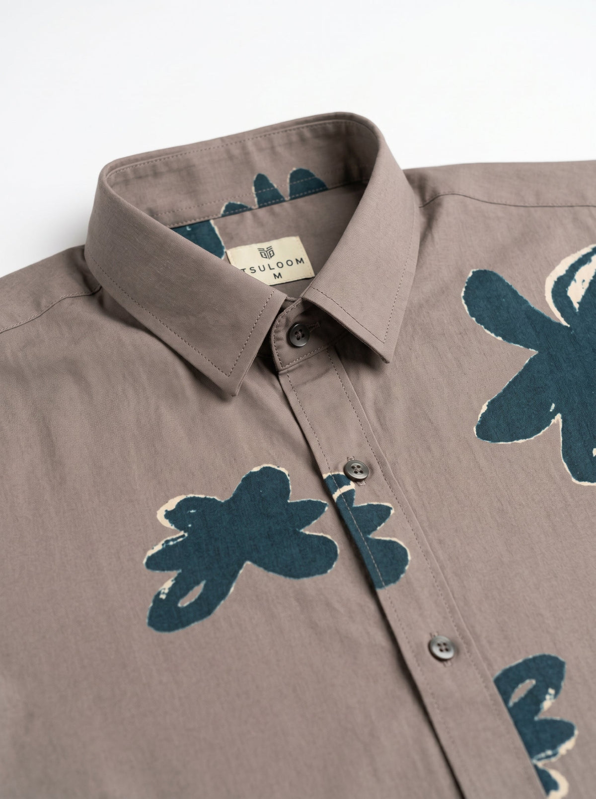 Grey Floral Print Spread Collar Cotton Shirt For Men