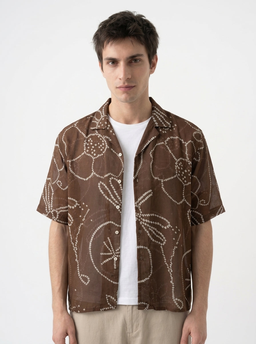 Brown Bandhani Print Cuban Collar Short Sleeve Cotton Shirt For Men