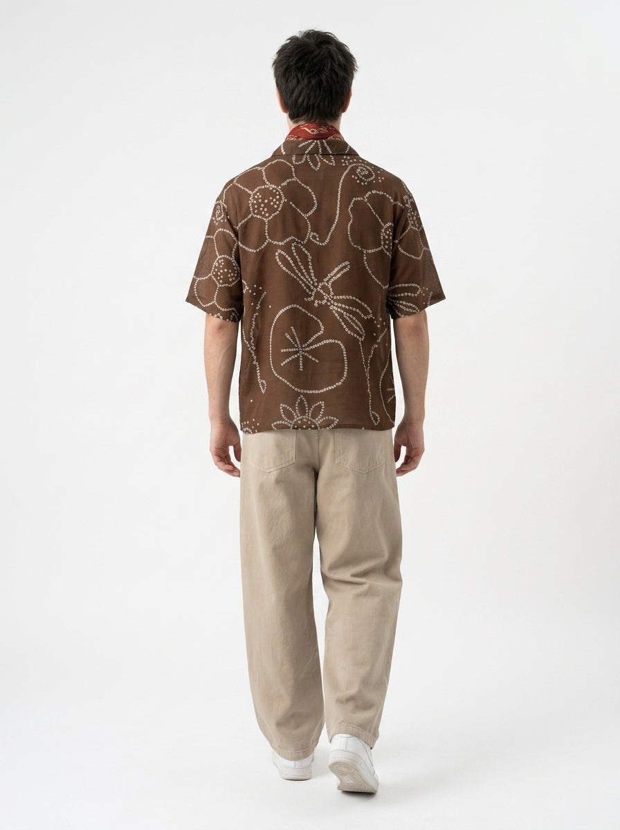 Brown Bandhani Print Cuban Collar Short Sleeve Cotton Shirt For Men