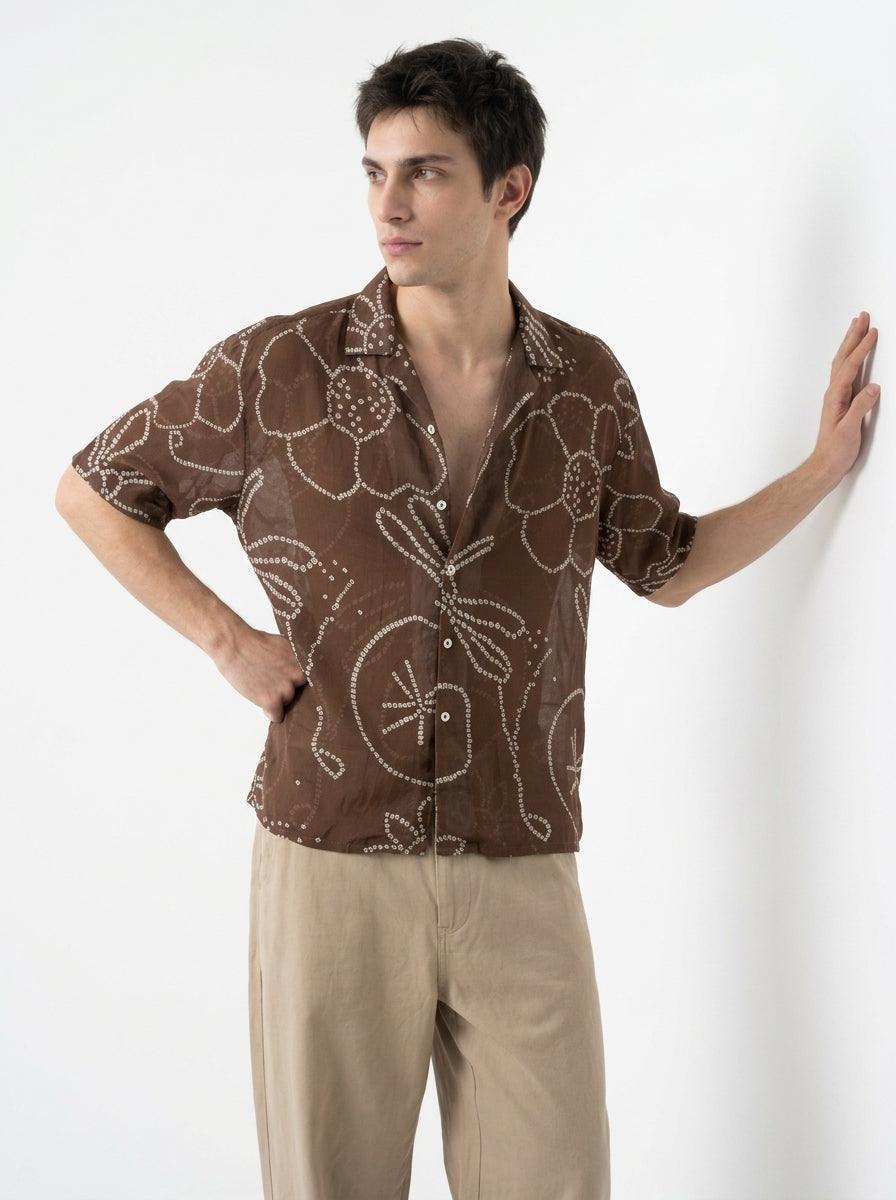 Brown Bandhani Print Cuban Collar Short Sleeve Cotton Shirt For Men