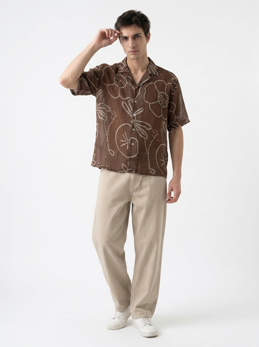 Brown Bandhani Print Cuban Collar Short Sleeve Cotton Shirt For Men